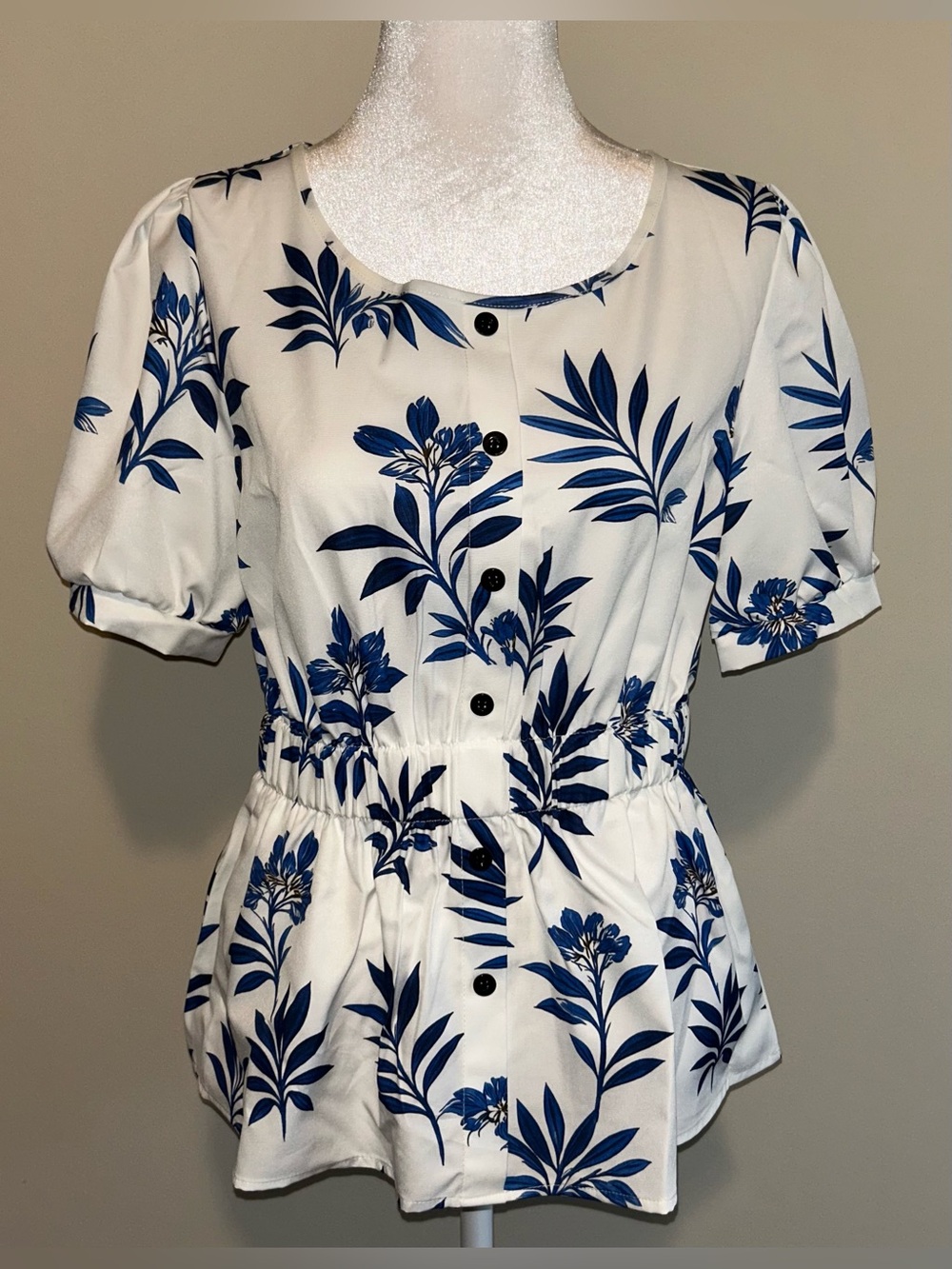White Blouse w/Navy Blue Floral Print